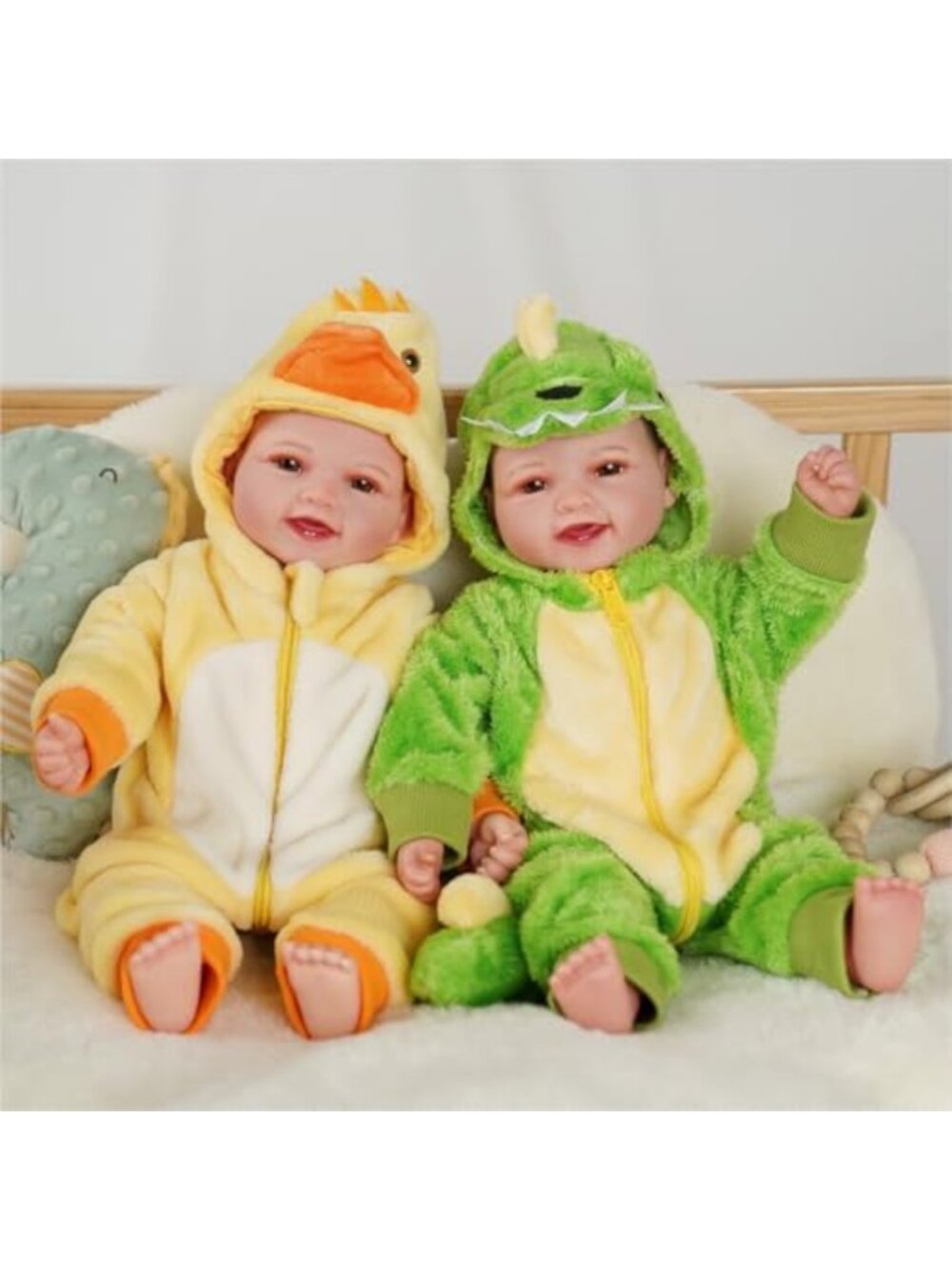 17in Reborn Twin Baby Dolls Boy Girl Soft Body Duck & Dino Hooded Outfits
